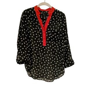 Black White Polka Dot V Neck Red Trim Button Front‎ Sheer Blouse Top Size S